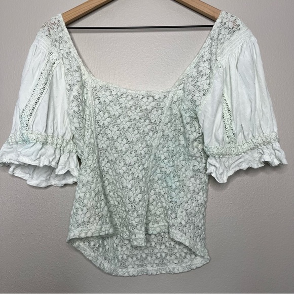 Free People Women Top Medium Pastel Green Spring Fling Floral Crochet Sweetheart - Picture 7 of 8